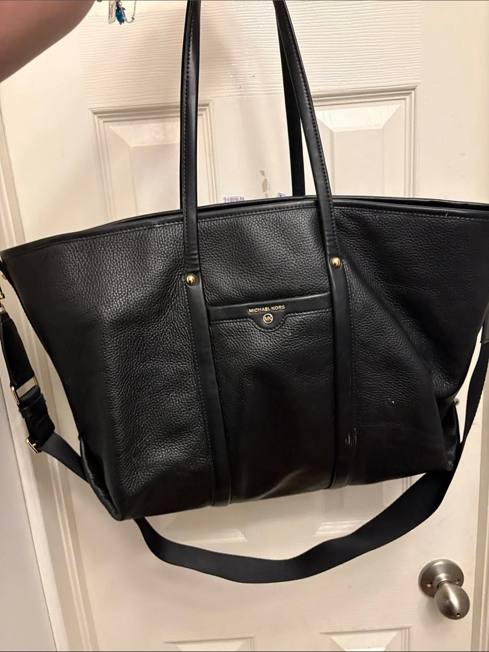 Michael Kors Black Pebbled Leather Shoulder Tote with Gold Accents